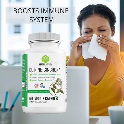 Better Health Quinine Cinchona Bark Extract Herbal Food Supplement for Digestive Comfort & Leg Cramp Relief – 500 mg (120 Capsules)