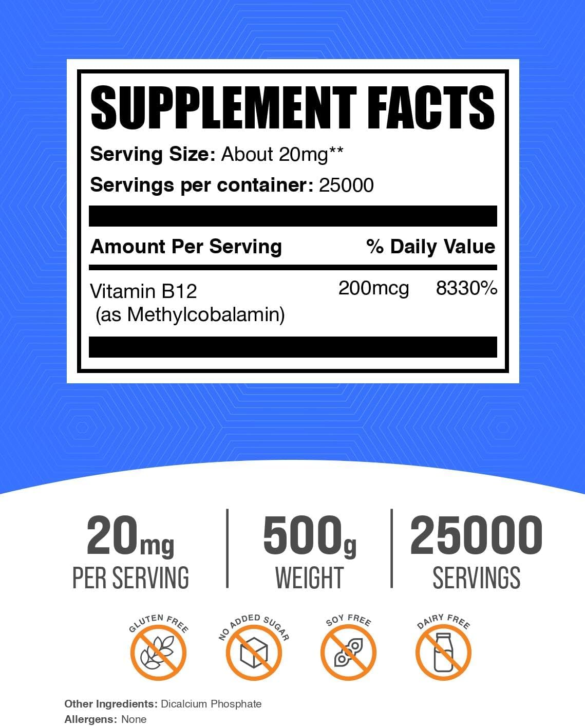 BulkSupplements.co.uk Vitamin B12 Methylcobalamin Powder - 200 mcg per Serving, Gluten-free, 500 g - görsel 2