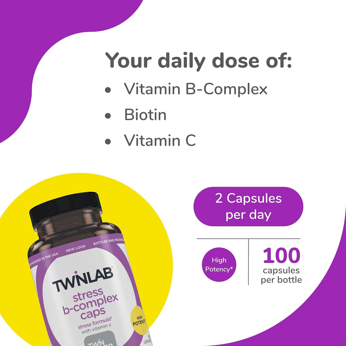 Twinlab Stress B-Complex Capsules - Energy Support Supplement with Vitamin B12 and B6 (100 Capsules) - görsel 3