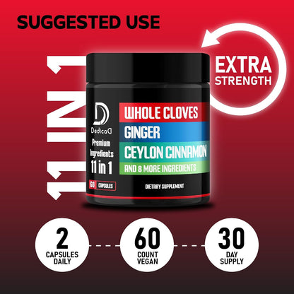 DEDICAD 11in1 Cloves Supplement with Ginger, Ceylon Cinnamon, and 8 Other Herbs - Digestive, Immune, and Mood Support - 60 Capsules (30-Day Supply)