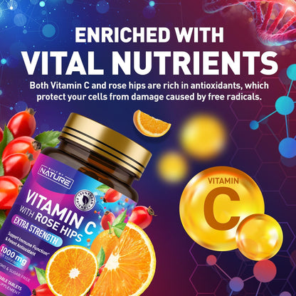 Built by Nature Chewable Vitamin C with Rose Hips – 1000mg Immune Support – Orange Flavour – 60 Tablets
