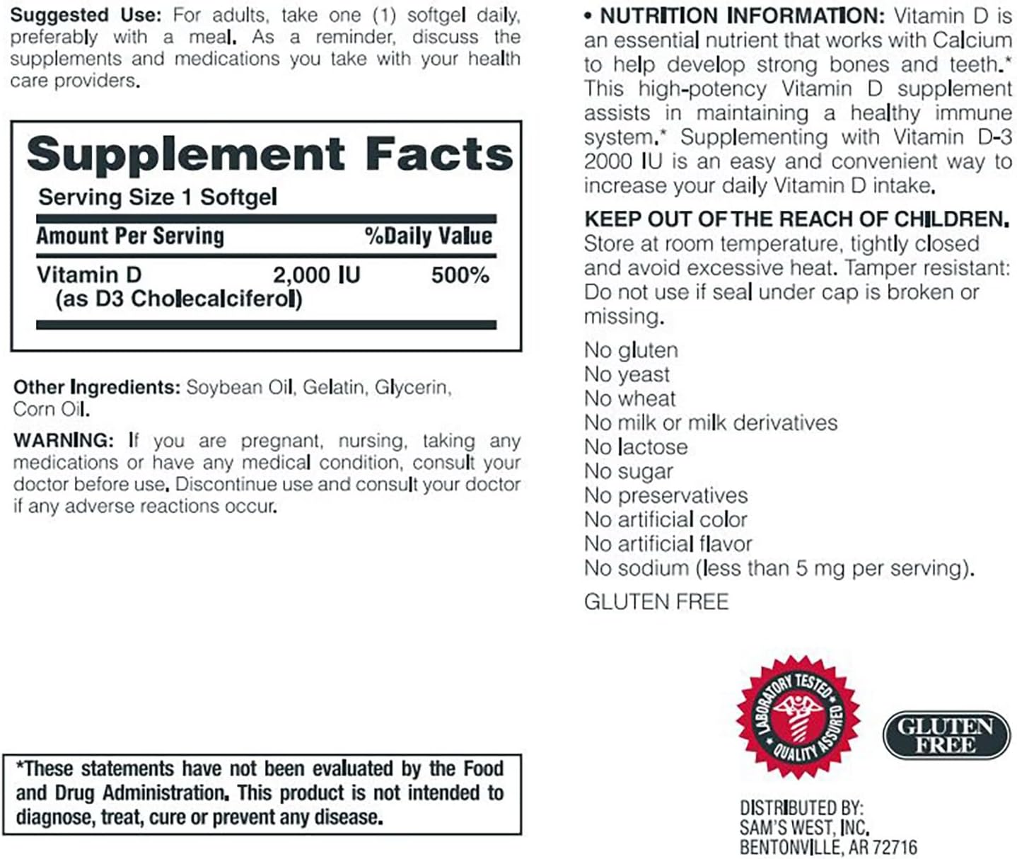 Member's Mark Vitamin D3 2000 IU Food Supplement (400 Soft Capsules) - görsel 2