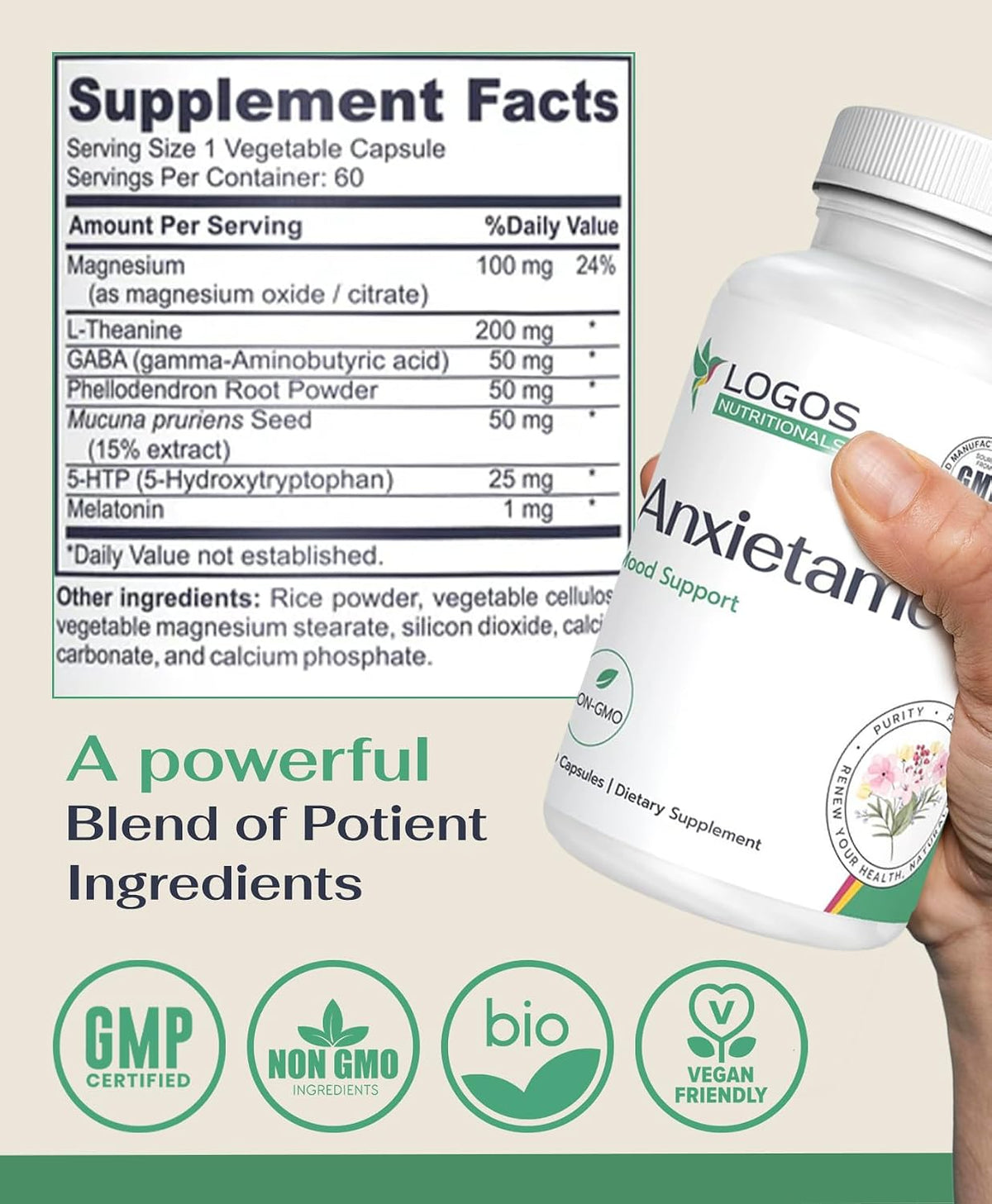 Logos Nutritionals Anxietame - 60 Capsules, L-Theanine Supplement for Mood and Sleep Support - görsel 2