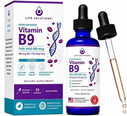 Life Solutions Vitamin B9 Liquid Drops, Folic Acid 400 mcg, 60 ml