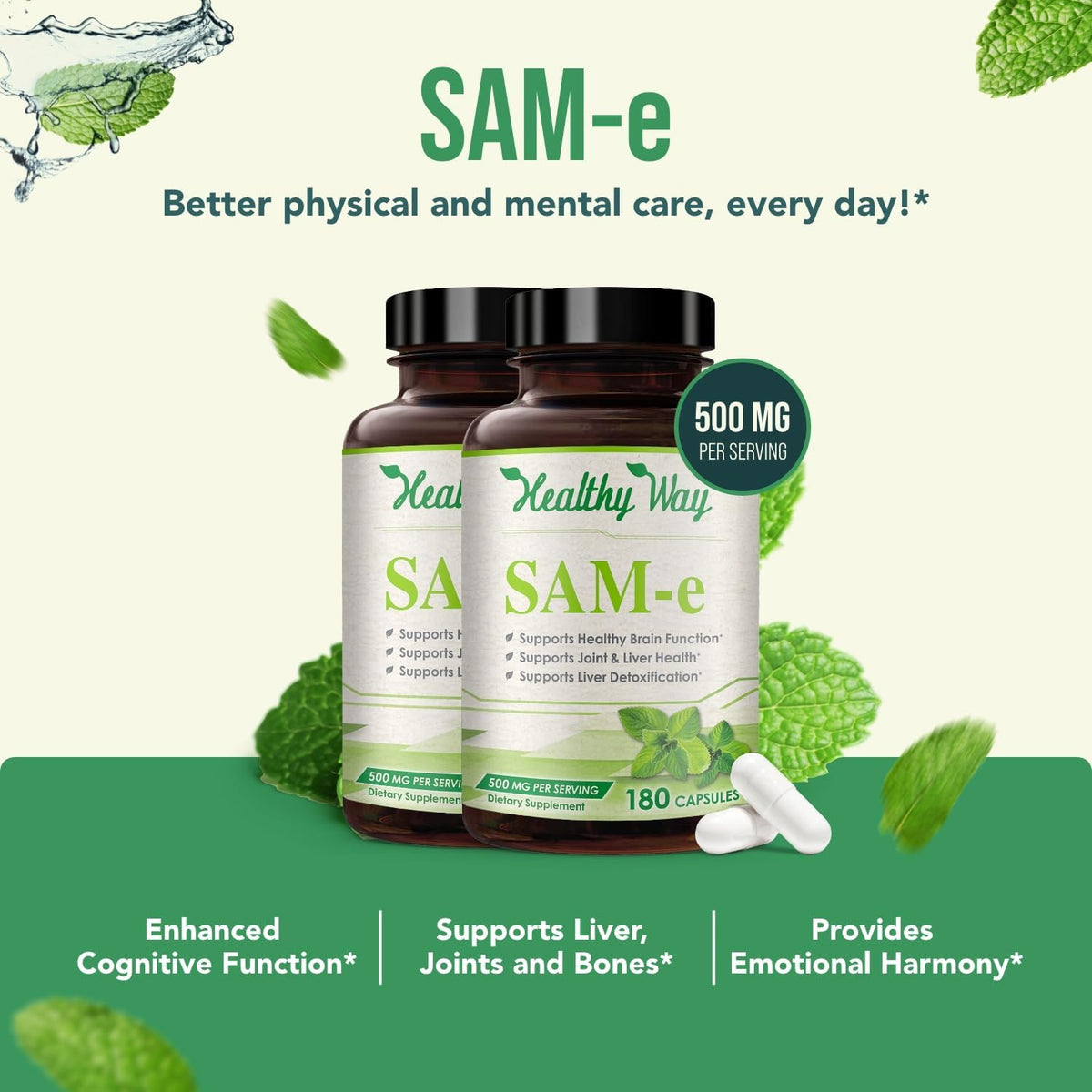 HealthyWayRx 500mg SAM-e Supplement - S-Adenosyl-L-Methionine Capsules for Brain, Liver & Mood Wellness (360 Servings) - görsel 2