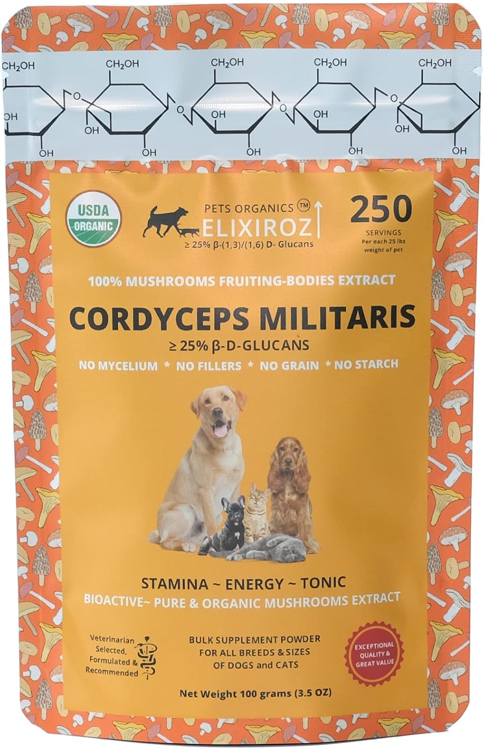 Cordyceps Mushroom Extract for Dogs & Cats – 25%+ Beta Glucans – Fruiting Body (8:1–12:1 Concentrated) – Energy, Stamina & Vitality Support – No Fillers – 250 Servings - görsel 1