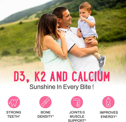 OH MY CHEWY Double-Flavoured Vitamin D3 K2 & Calcium Fluffy Gummies - 5000 IU D3, 120 mcg K2 (MK-7), 120 mg Calcium - Vegan & Non-GM - 60 Count