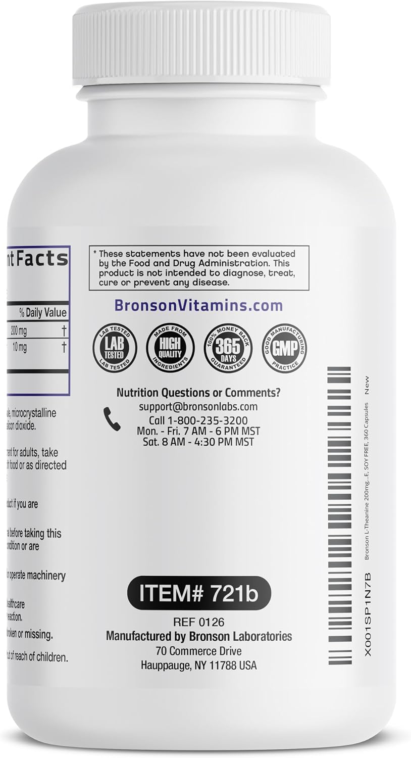 Bronson L-Theanine 200mg (Double Strength) with Passion Flower Herb, Non-GM Gluten-Free Soya-Free Stress Management Supplement, 360 Capsules - görsel 5