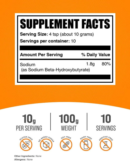 BulkSupplements Sodium BHB Powder - Beta-Hydroxybutyrate, Unflavoured, 10g per Serving, 100g