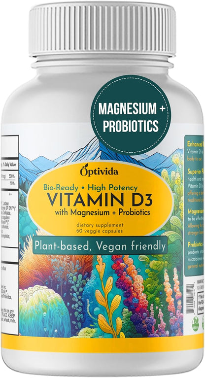 OPTIVIDA Bio-available Vegan Vitamin D3 4000 IU with Magnesium, Probiotics & Digestive Enzymes
