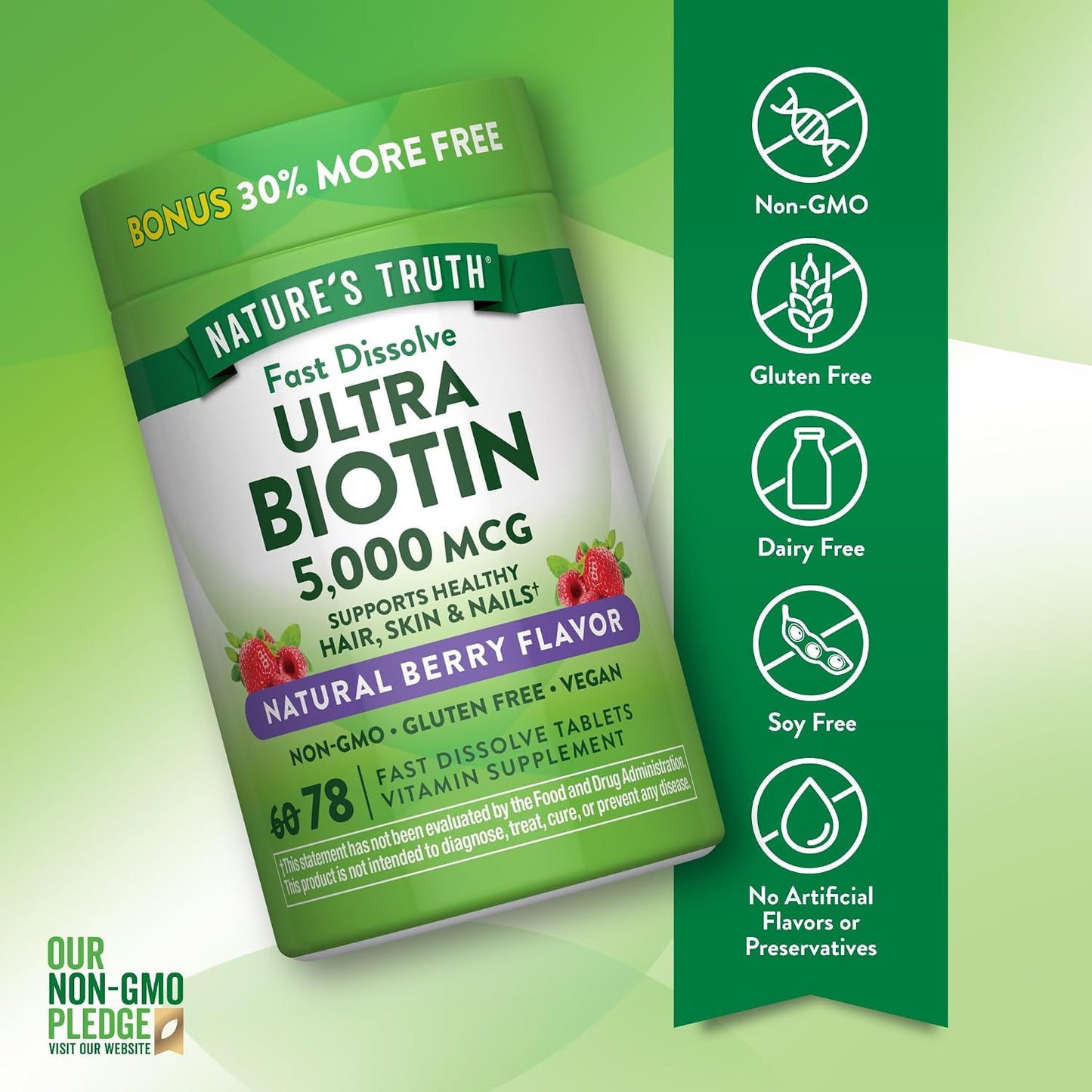 Nature's Truth Biotin 5000mcg Fast Dissolve Tablets - Natural Berry Flavour - 78 Count - görsel 3
