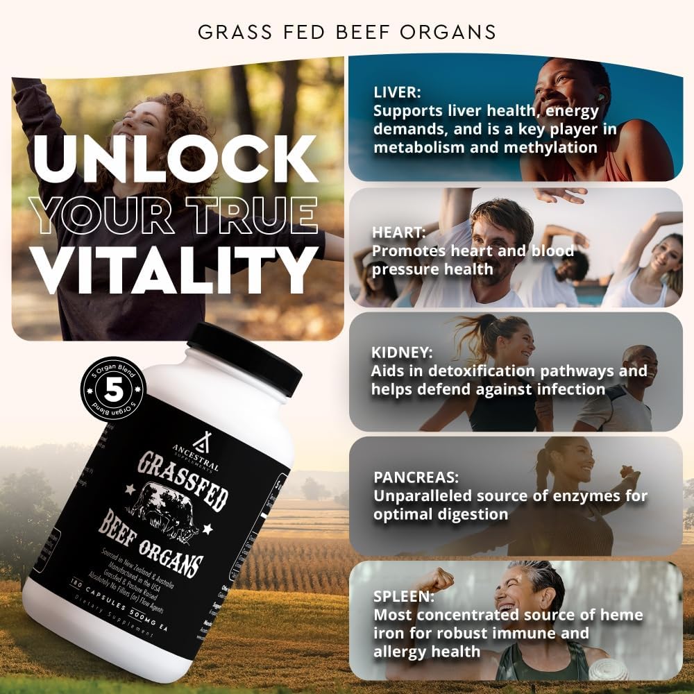 Ancestral Supplements Grass-Fed Beef Organ Supplement – Whole Body Wellness Blend, 180 Capsules - görsel 2