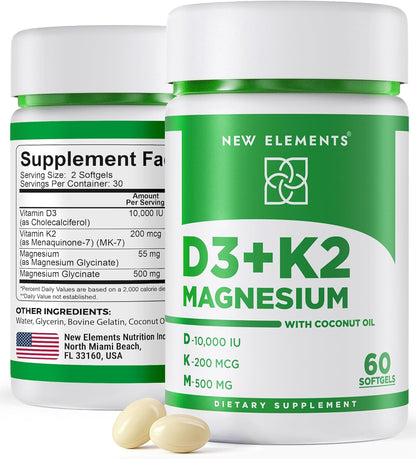New Elements Vitamin D3 K2 10,000 IU with Magnesium Glycinate 500mg – Bone Health, Immune Support, Energy & Mood – Non-GM, Gluten-free, Sugar-Free Soft gel capsules for Women & Men (60 Soft gel capsules)