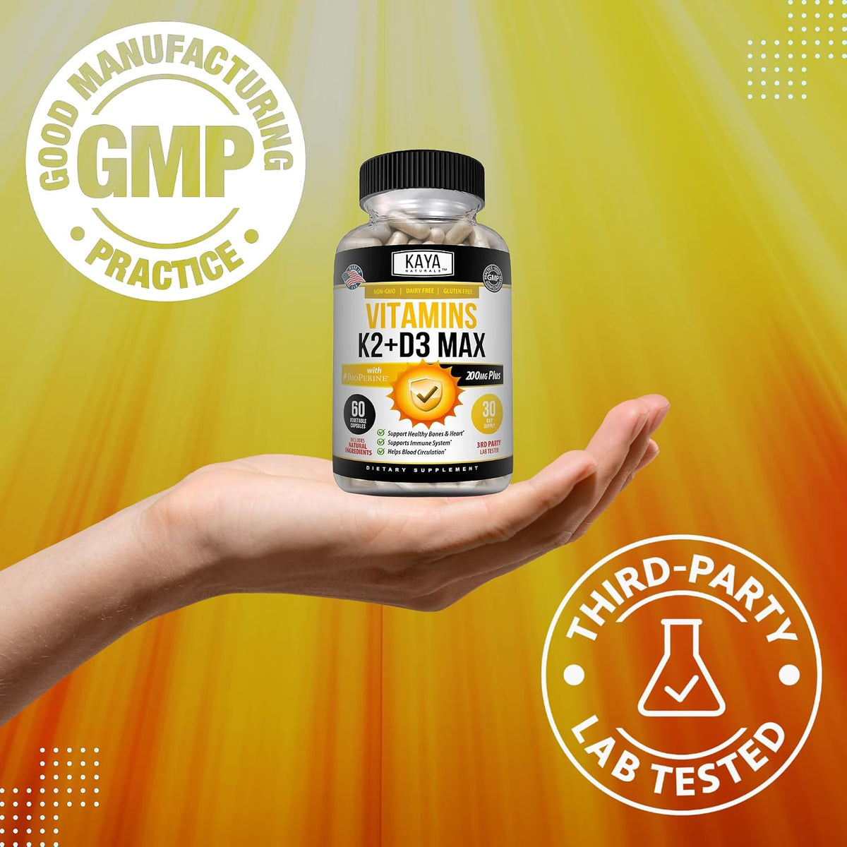 Kaya Naturals Vitamin D3 + K2 5000IU Supplement with Bioperine - 180 Veggie Capsules - görsel 6