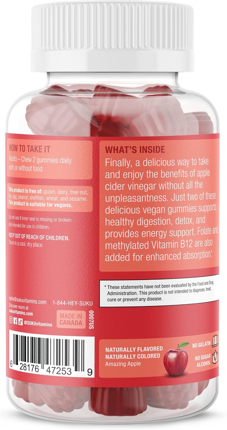 SUKU Appley Ever After Gummies – Apple Cider Vinegar with Methylated B12 & Folate – Sugar-Free, Vegan, Gluten-Free – 50 Gummies - görsel 3
