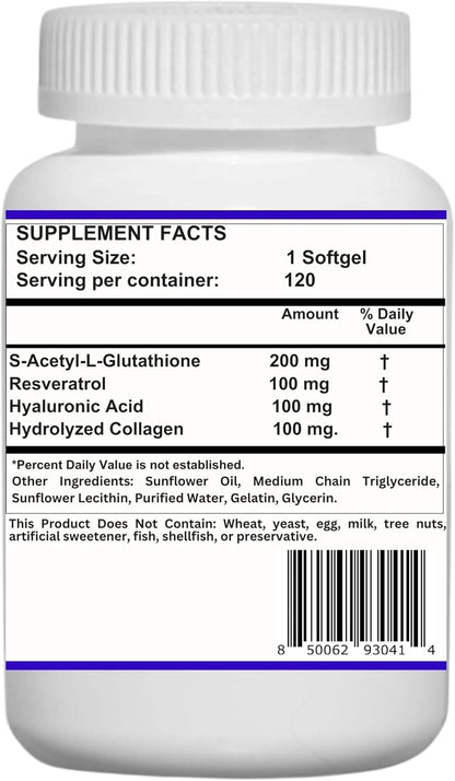 Nikoni Liposomal S-Acetyl L-Glutathione, Resveratrol, Hyaluronic Acid & Collagen - 500mg, 120 Capsules