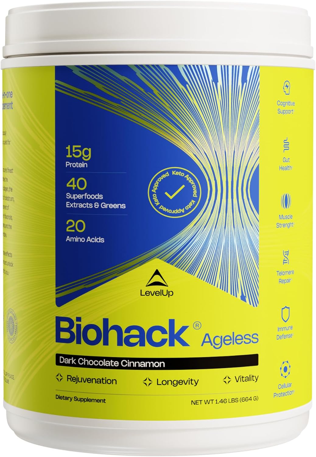 LevelUp Biohack Ageless: Colostrum Collagen Superfoods Antioxidants Spermidine Amino Acids Creatine for Women and Men, Total Body Rejuvenation (Dark Chocolate Cinnamon) - görsel 1