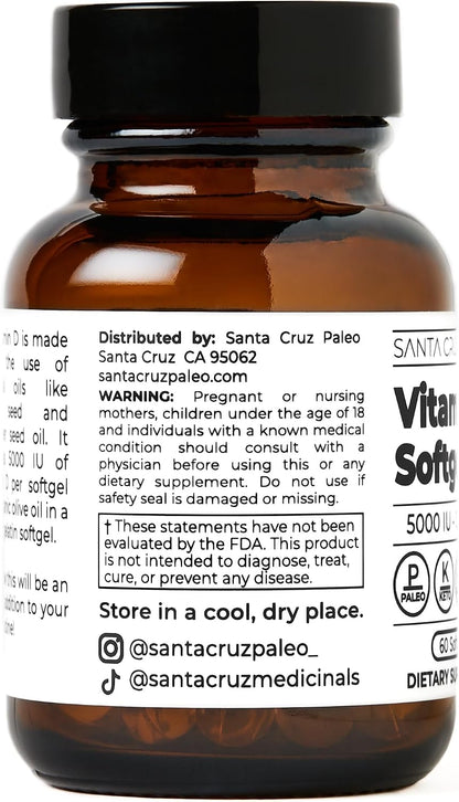 Santa Cruz Paleo Vitamin D3 5000 IU Softgels with Olive Oil, Supports Bone Health, Gluten-Free, Paleo, Keto - 60 Softgels