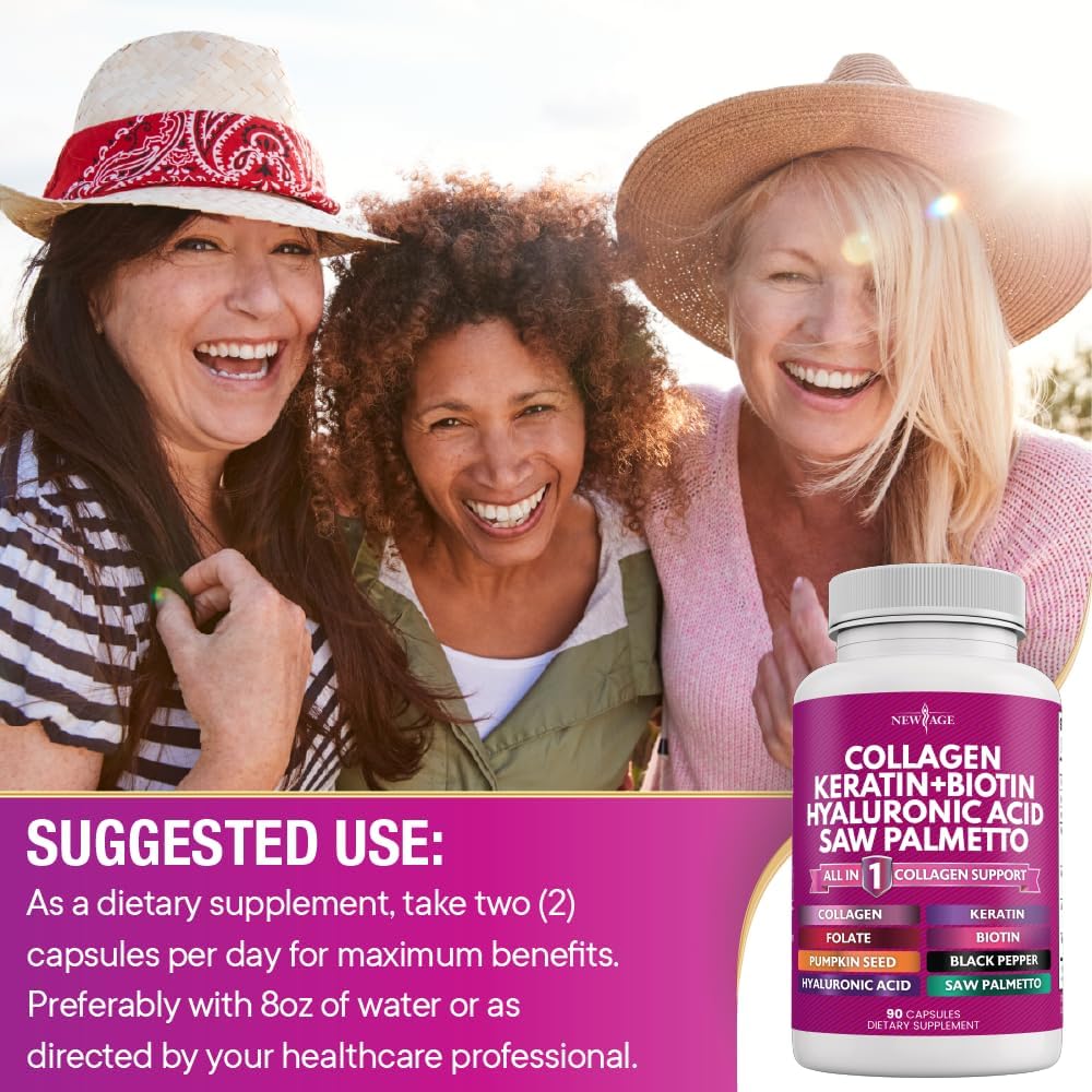 NEW AGE Collagen Capsules with Biotin, Keratin, Saw Palmetto, Hyaluronic Acid, Vitamin E, Folic Acid, Pumpkin Seed, MSM (Pack of 2, 180 Capsules) - görsel 5