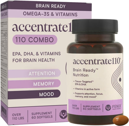 Accentrate110 - Focus Food Supplement - Methylated Vitamin B Complex with Omega-3 Fatty Acid Supplement – 60 Soft gel capsule Capsules
