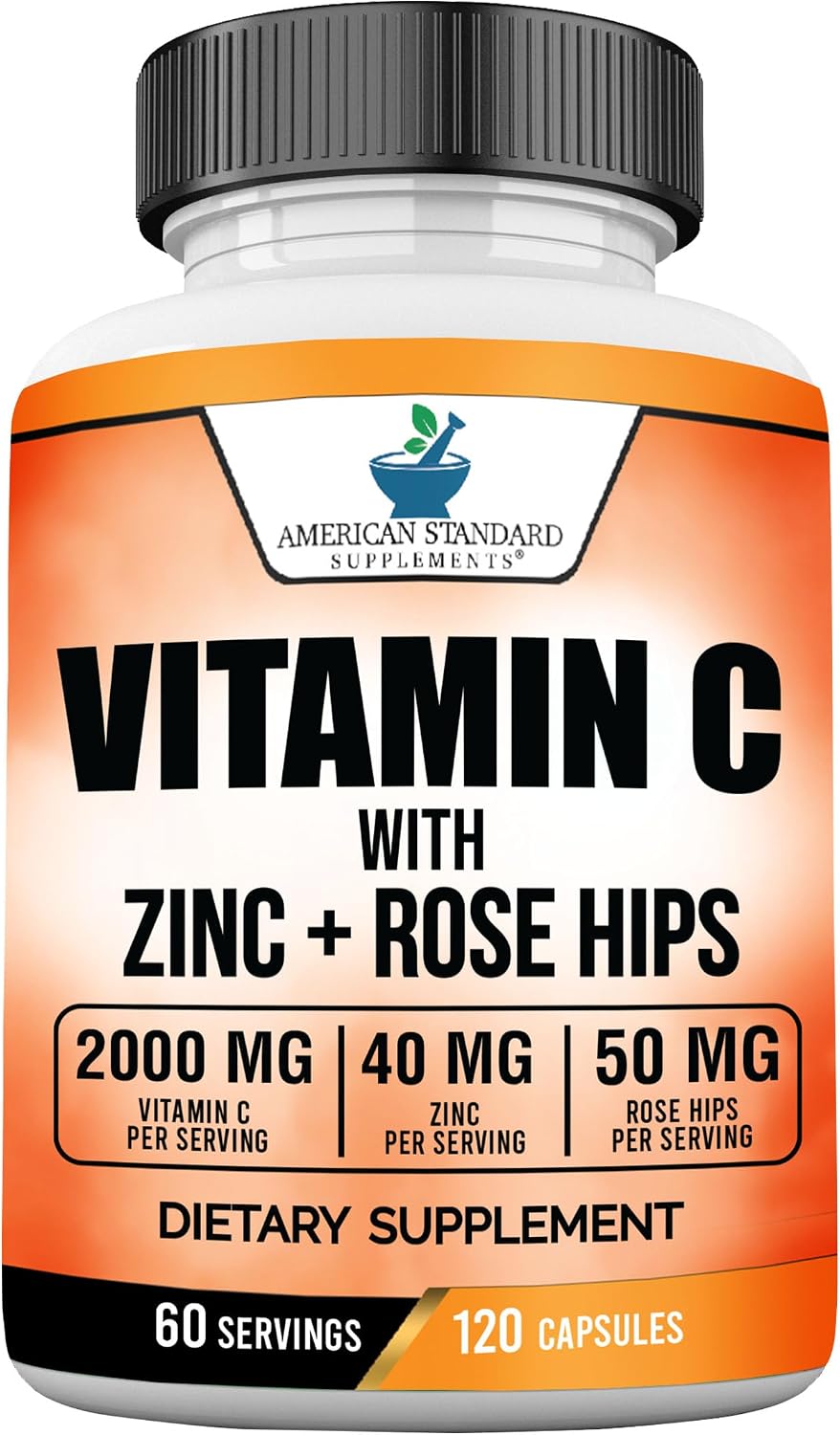 American Standard Supplements Vitamin C 2000mg, Zinc 40mg, and Rose Hips 50mg Per Serving, Vegan, Gluten-free, Non-GMO (120 Capsules) - görsel 1