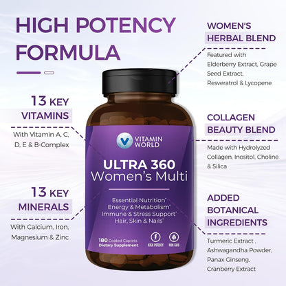 Vitamin World Ultra 360 Women's Multivitamin with Herbs & Collagen, 180 Caplets