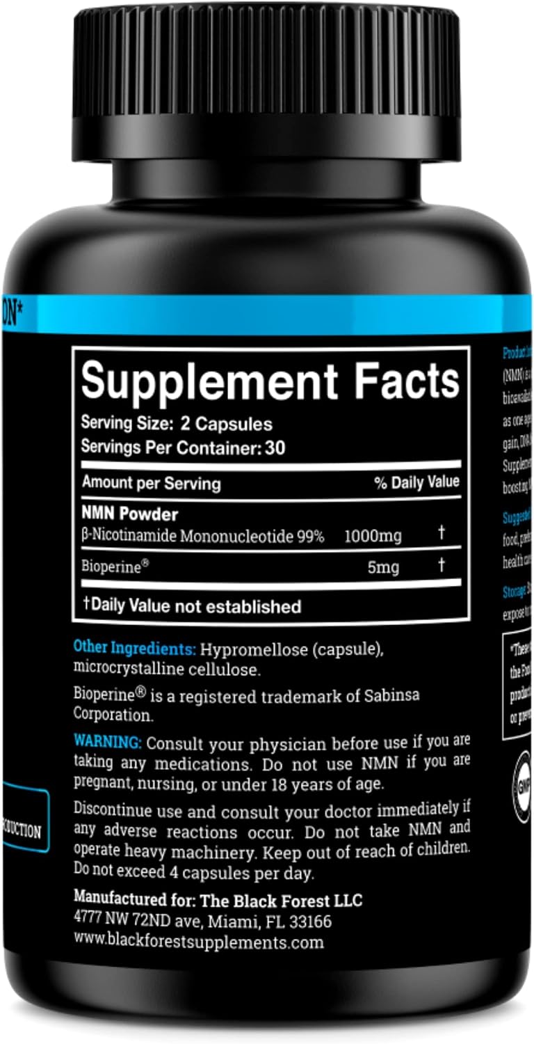 Black Forest NMN Supplement 1000mg (Nicotinamide Mononucleotide) 99% Pure, Stabilised Form, BioPerine® for Enhanced Bioavailability (60 Capsules) - görsel 2