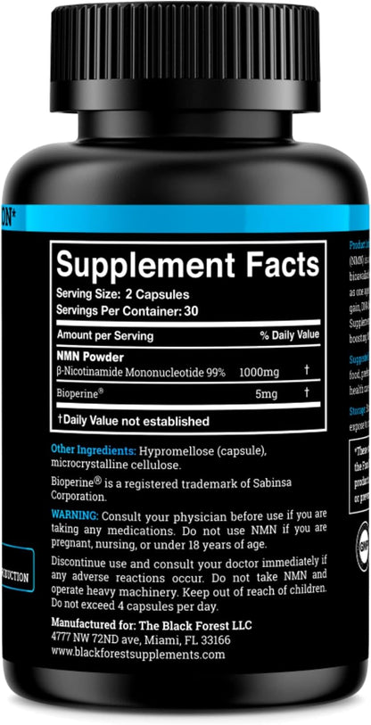 Black Forest NMN Supplement 1000mg (Nicotinamide Mononucleotide) 99% Pure, Stabilised Form, BioPerine® for Enhanced Bioavailability (60 Capsules)