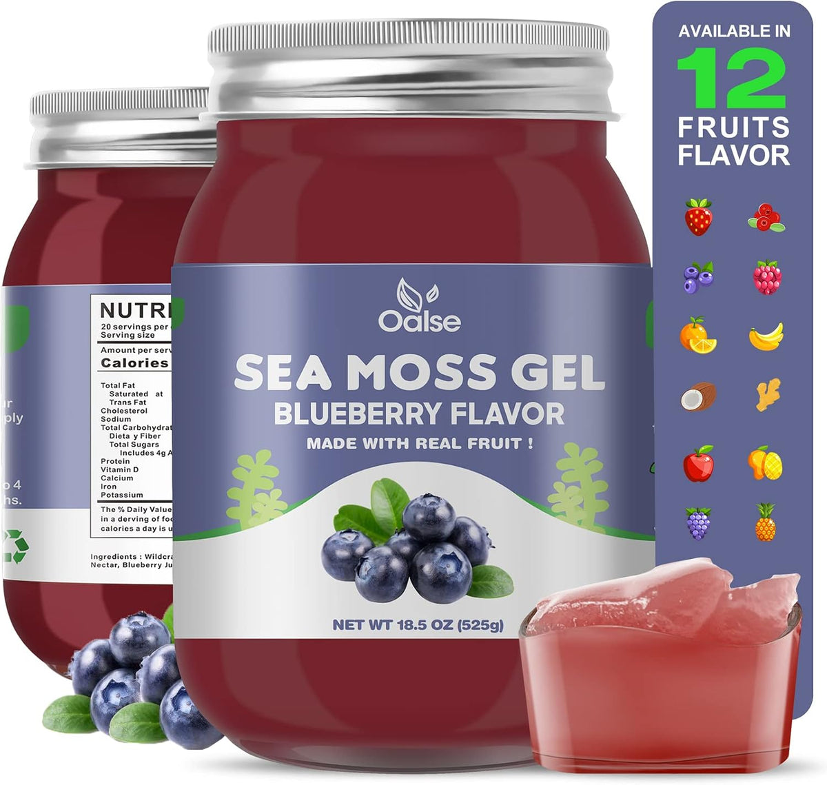 OALSE Sea Moss Gel - Blueberry Flavour, 525g – Potassium – important for heart and muscle function – Image 1