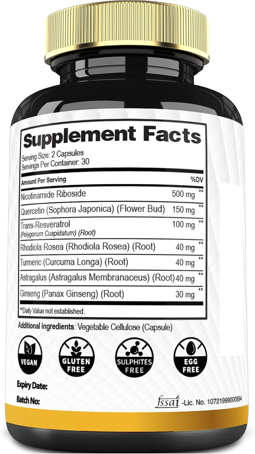 Mecisco NAD+ Supplement with Nicotinamide Riboside with Quercetin, Resveratrol, Turmeric, Rhodiola Rosea, Astragalus – 60 Capsules - görsel 7