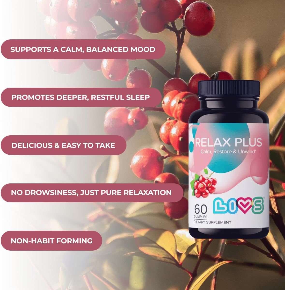 LIVS Relax Plus Gummies – Stress Relief & Calm Support with Ashwagandha, GABA, Lemon Balm & Vitamin B6 | Natural Red Berry Flavour | Vegan | 60 Count - görsel 4