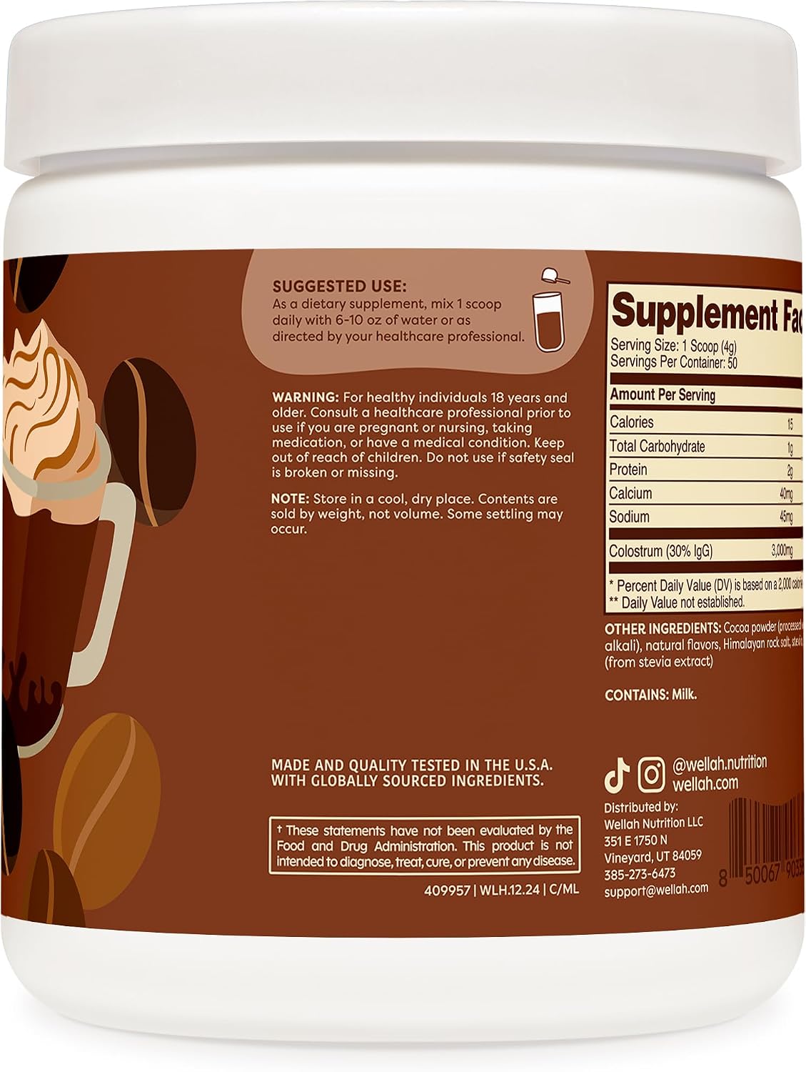Wellah Colostrum Mocha Latte Flavoured (50 Servings) - Sweetened with Stevia, 3g Colostrum Per Serving, Dietary Supplement - görsel 3
