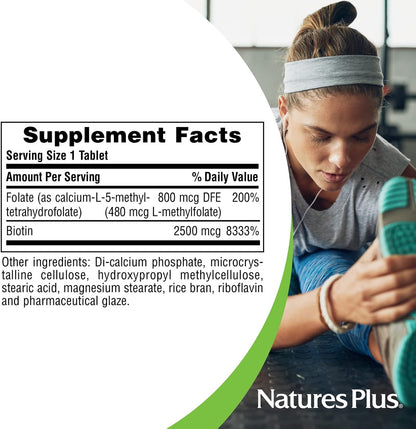 NaturesPlus Biotin & Folate 2500/8000 mcg Sustained Release Tablets, 30 Count