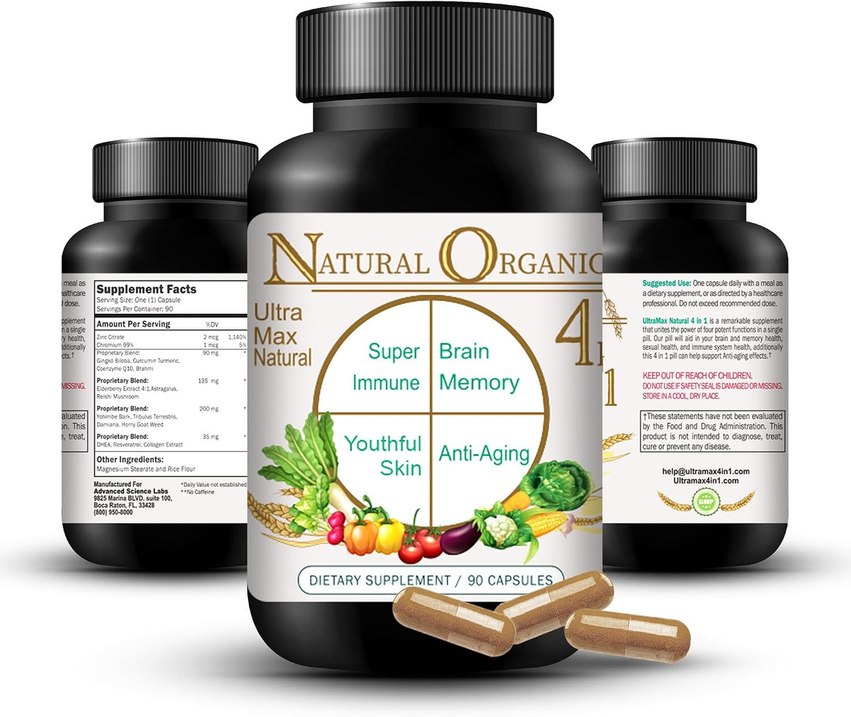 Ultra Max Natural Organic 4 in 1 Brain Supplements for Memory and Focus, Immune Support Anti-Ageing Dietary Supplements - görsel 2