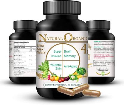 Ultra Max Natural Organic 4 in 1 Brain Supplements for Memory and Focus, Immune Support Anti-Ageing Dietary Supplements