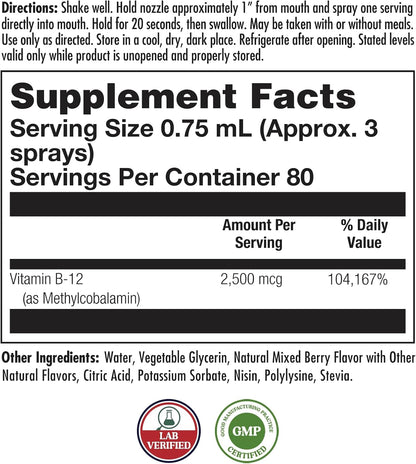 KAL Vitamin B12 Methylcobalamin ActivSpray 2500mcg, Supports Normal Energy-Yielding Metabolism, Nerve & Red Blood Cell Health, Fast-Acting Liquid B12, Maximum Absorption, Natural Berry Flavour, 80 Servings, 59ml