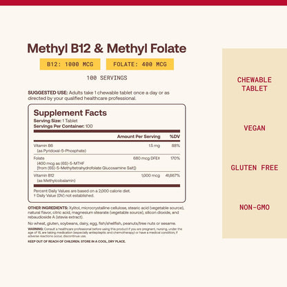 Jarrow Formulae Methyl B-12 & Methyl Folate, 100 Chewable Tablets