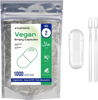 Empty Vegan Capsules Size 2 - 100 Count - DIY Filling with Micro Lab Spoons