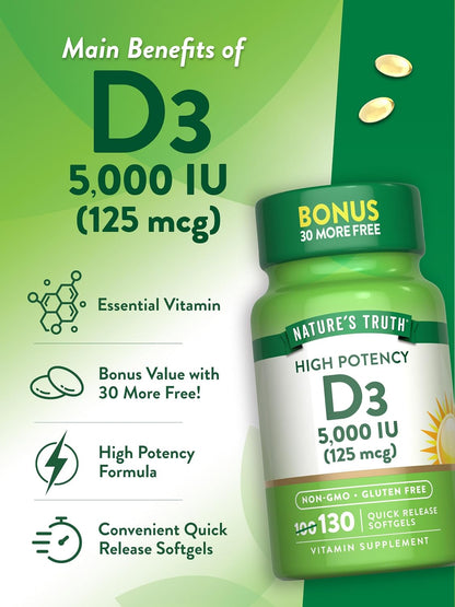 Nature's Truth Vitamin D3 5000 IU Softgels – 130 Count