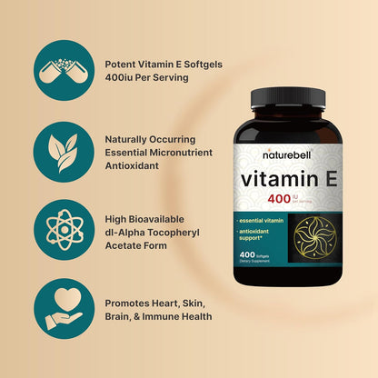 NatureBell Vitamin E Oil Softgels, 400 IU per Serving, 400 Capsules | Essential Antioxidant Supplement, Easily Absorbed Form – Contributes to Normal Immune Function & Skin Health – Non-GMO
