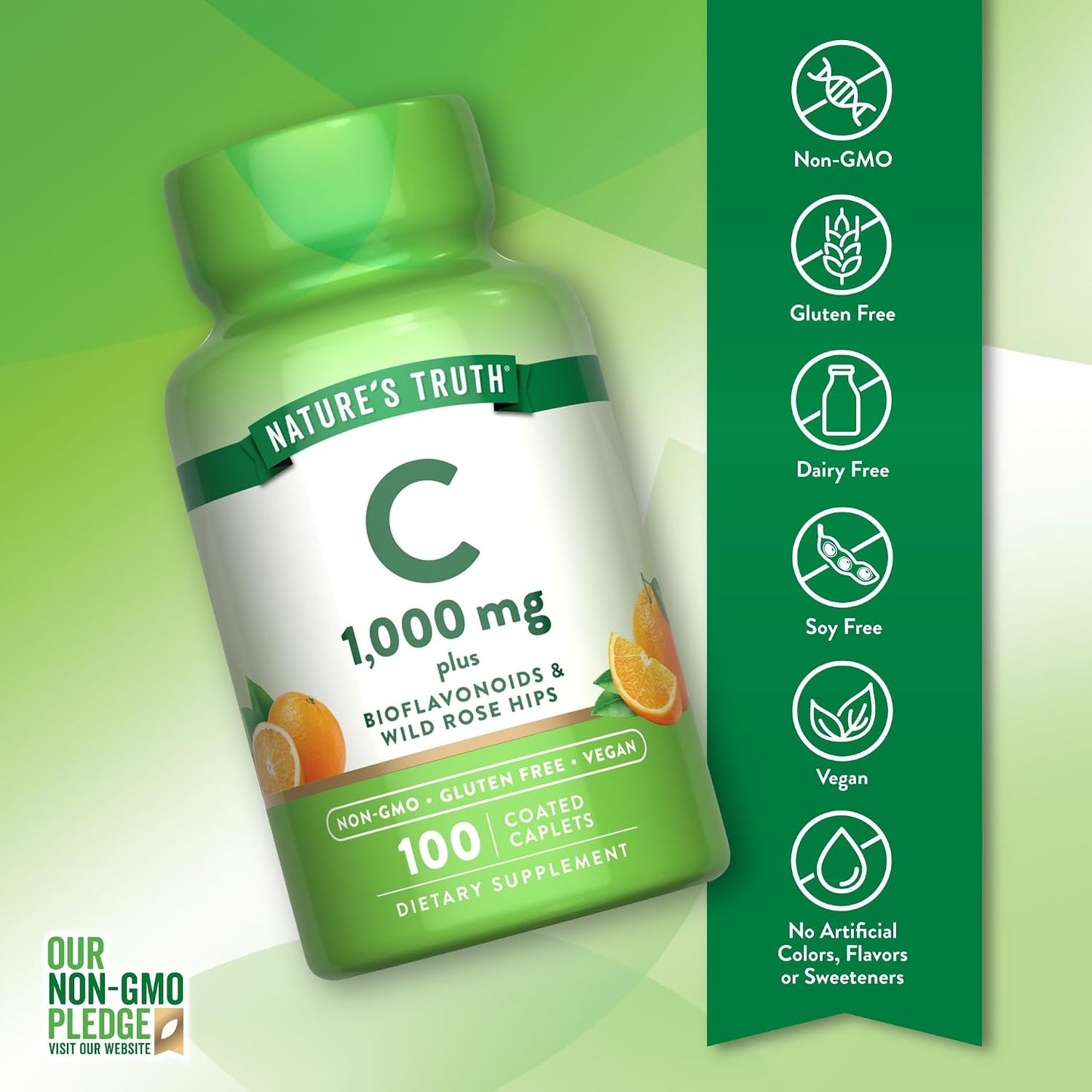 Nature's Truth Vitamin C Bioflavonoids & Rose Hips | 1000mg | 100 Caplets | Vegan, Non-GMO and Gluten-free Supplement - görsel 3