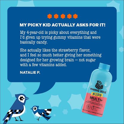 Mama Bird - Award-Winning Children's Multi+ Liquid Vitamins (31 Servings) Strawberry - Active Methylated Vitamins, Children's Multivitamin - Organic Superfoods, Enzymes - Vegan, Gluten-free, Non GMO - 465 ml