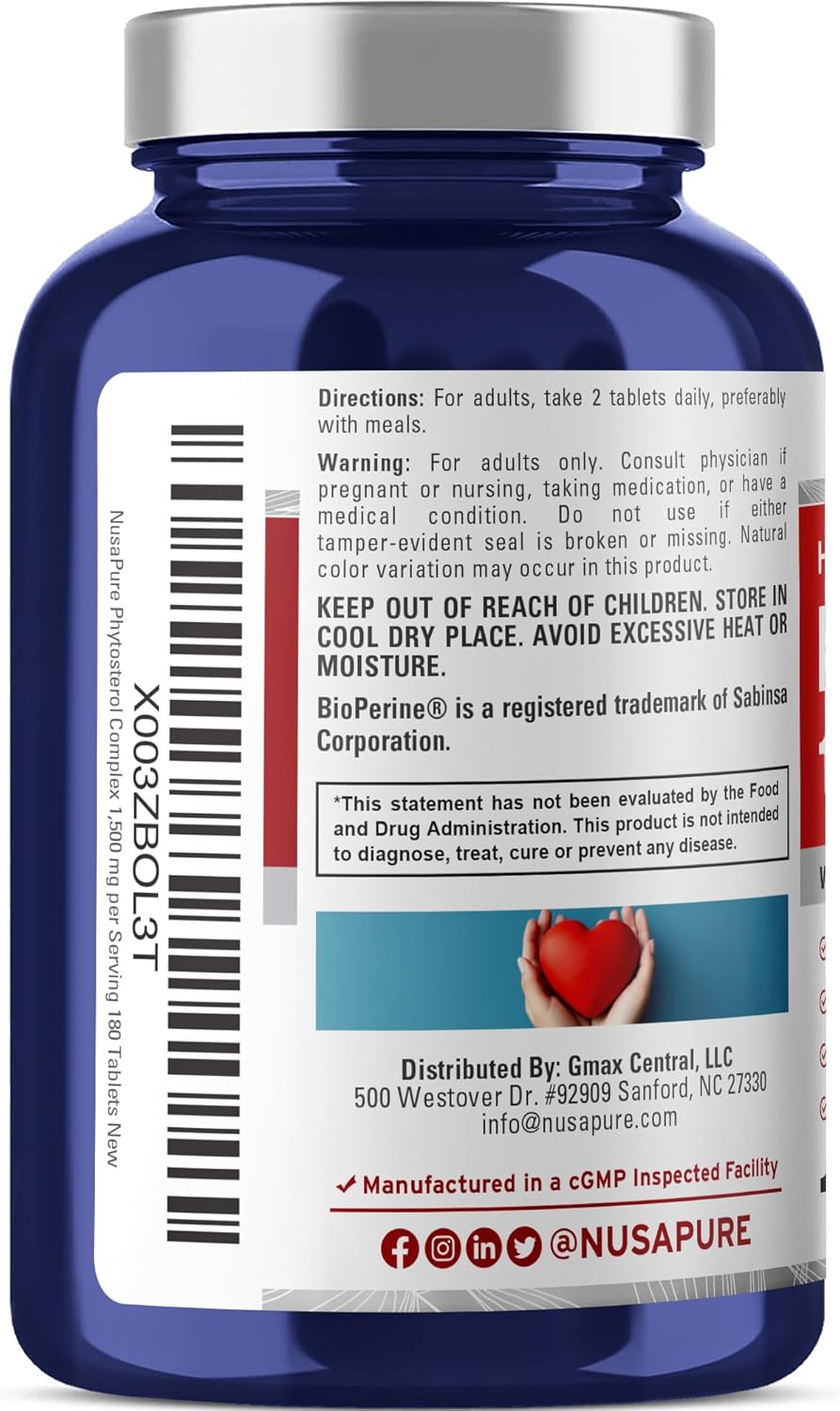 NusaPure Plant Sterols 1500 mg with Beta Sitosterol and Bioperine - 180 Veg Tablets, Non-GMO, Vegan - görsel 3
