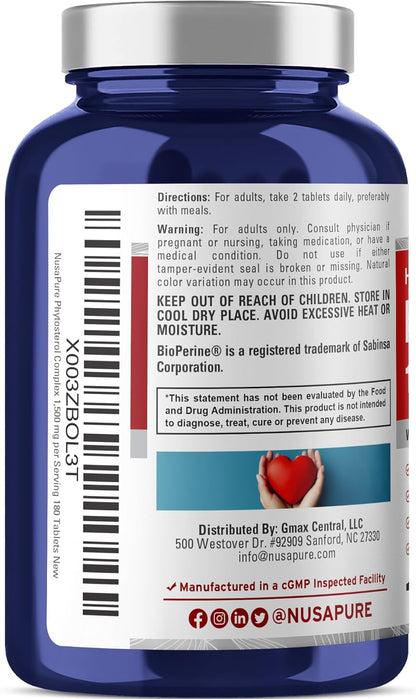 NusaPure Plant Sterols 1500 mg with Beta Sitosterol and Bioperine - 180 Veg Tablets, Non-GMO, Vegan