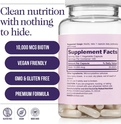 NAKED Biotin 10,000mcg – Max Strength Vitamin B7 Supplement for Healthy Hair, Skin & Nails – Non-GMO, Gluten-free, Vegan – 120 Capsules