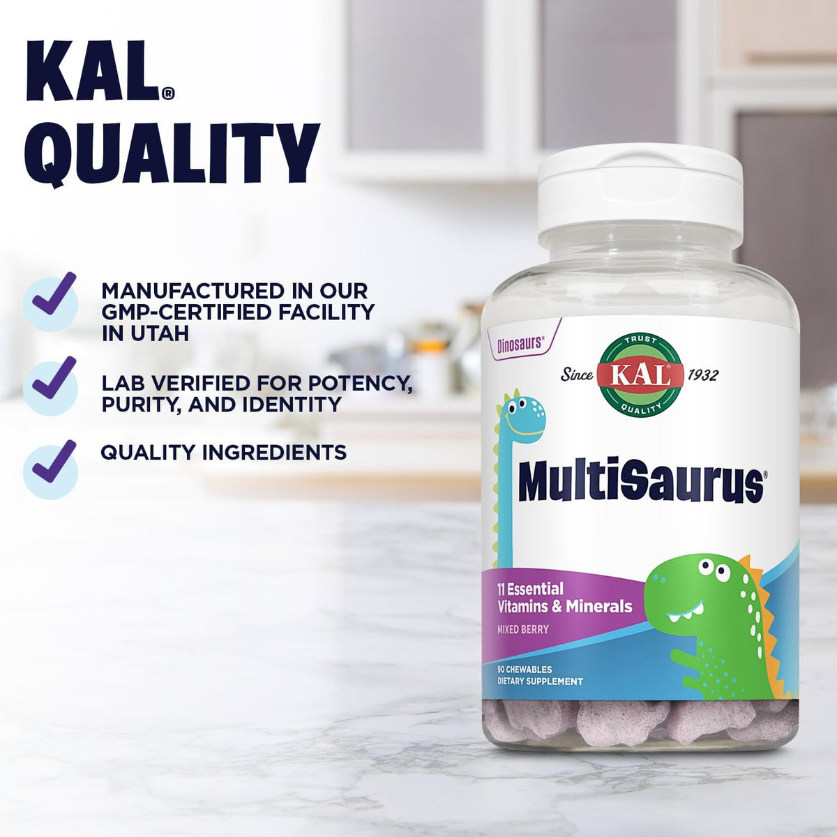 KAL MultiSaurus Kids Complete Multivitamin - Daily Multivitamin with Iron, Mixed Berry Flavour, 90 Chewables - görsel 5
