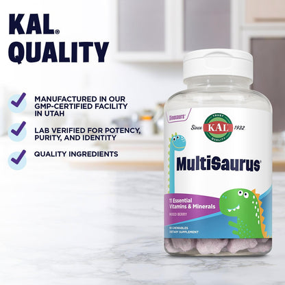 KAL MultiSaurus Kids Complete Multivitamin - Daily Multivitamin with Iron, Mixed Berry Flavour, 90 Chewables
