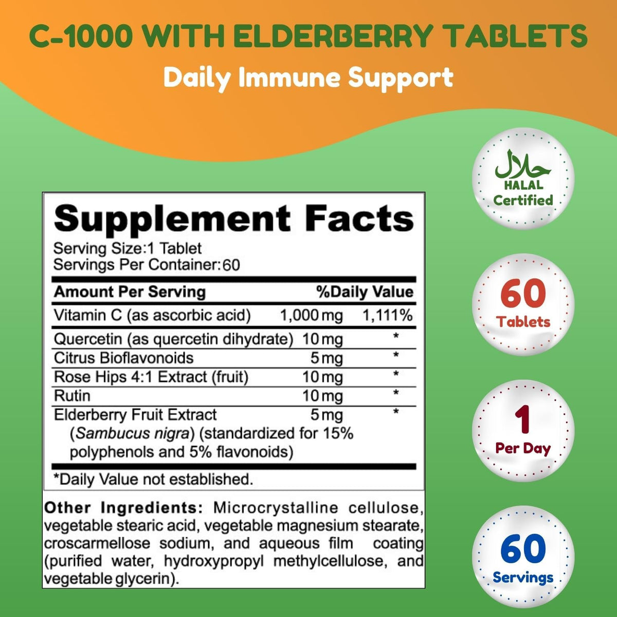 SHIFAA NUTRITION Halal Vitamin C-1000mg Tablets with Elderberry, Quercetin, Rose Hips & Rutin - Immune Support - 90 Tablets - görsel 2