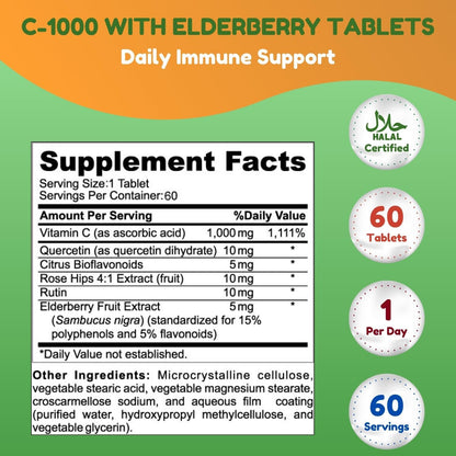 SHIFAA NUTRITION Halal Vitamin C-1000mg Tablets with Elderberry, Quercetin, Rose Hips & Rutin - Immune Support - 90 Tablets