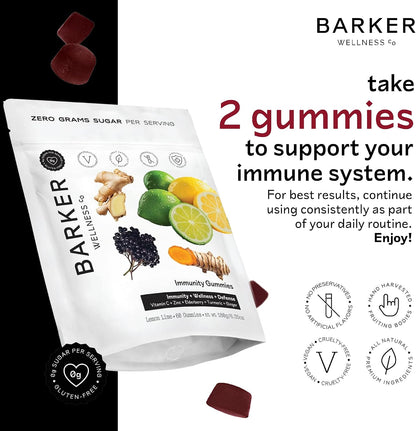 Barker Wellness Immunity Gummies with Vitamin C, Zinc, Elderberry, Turmeric & Ginger – Vegan, Sugar-Free, Lemon-Lime – 60 Gummies